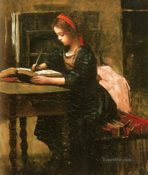  Jean Oil Painting - Fillete A L etude En Train D Ecrire plein air Romanticism Jean Baptiste Camille Corot